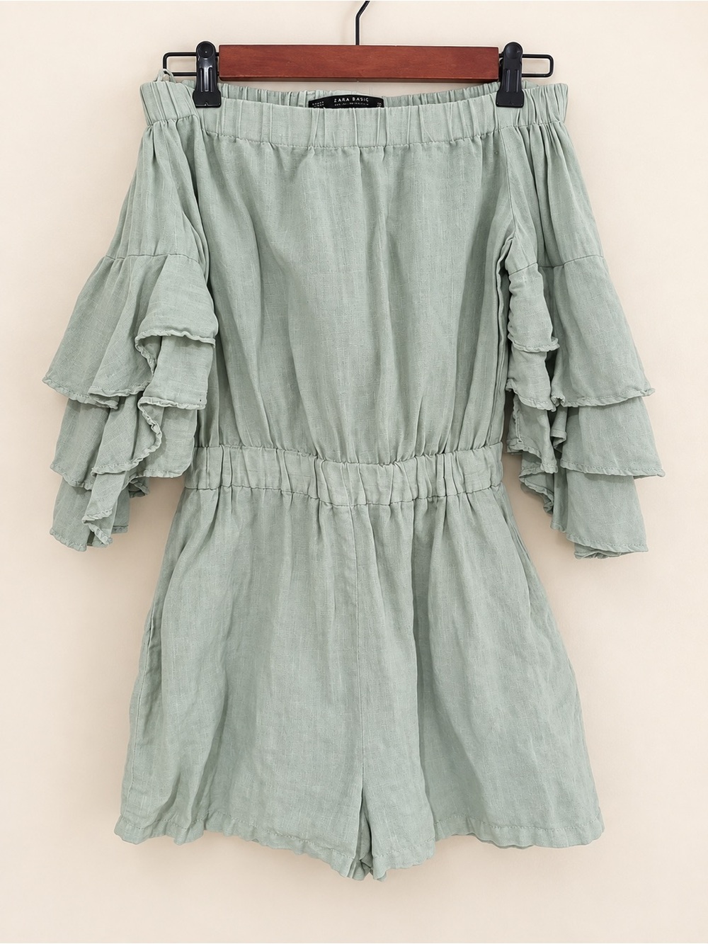 Zara Sage Green Off-Shoulder Ruffle Sleeve One-Piece Romper XS